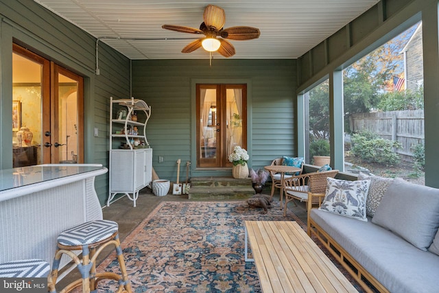 12 Chestnut Ln, Wayne, PA 19087 - sunroom / solarium featuring french doors, an outdoor living space, and ceiling fan