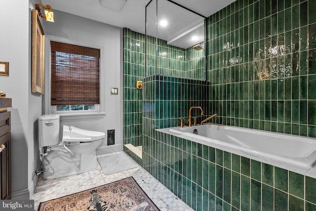 12 Chestnut Ln, Wayne, PA 19087 - bathroom featuring toilet, baseboards, walk in shower, and tiled tub