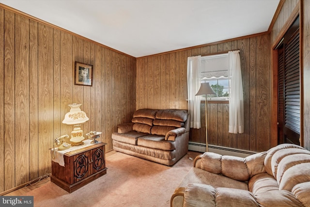 711 Pikeland Ave, Spring City, PA 19475 - carpeted living room with a baseboard heating unit and wooden walls