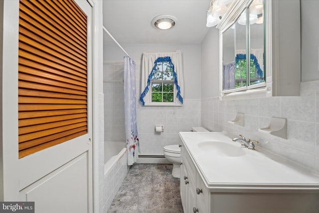 711 Pikeland Ave, Spring City, PA 19475 - full bath with a baseboard heating unit, vanity, toilet, shower / bath combination with curtain, and tile walls