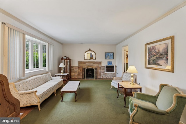 711 Pikeland Ave, Spring City, PA 19475 - living room with crown molding, carpet, and a stone fireplace
