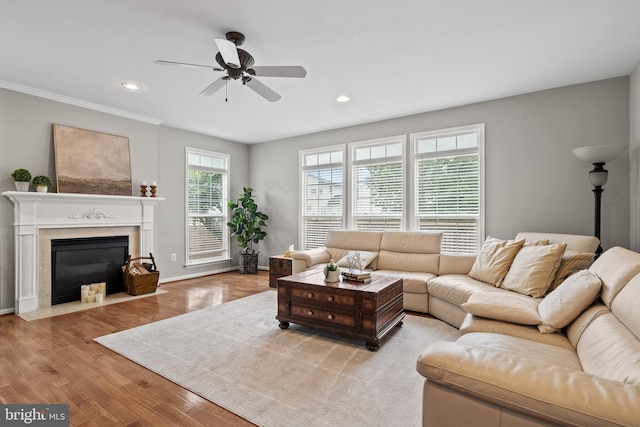 10000 Umbrella Pl, Nokesville, VA 20181 - living room featuring a ceiling fan, wood finished floors, recessed lighting, a fireplace with flush hearth, and baseboards