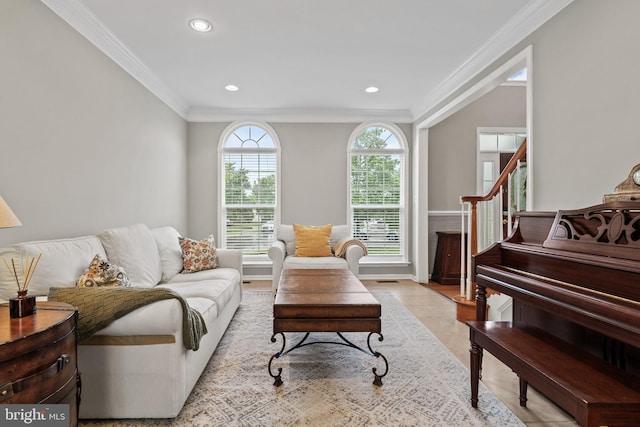10000 Umbrella Pl, Nokesville, VA 20181 - living area featuring crown molding, recessed lighting, and stairway