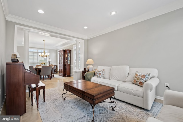 10000 Umbrella Pl, Nokesville, VA 20181 - living area featuring decorative columns, a chandelier, crown molding, recessed lighting, and baseboards