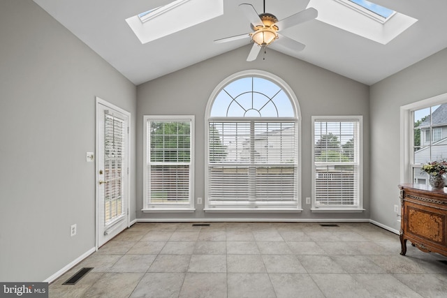 10000 Umbrella Pl, Nokesville, VA 20181 - spare room featuring a skylight, ceiling fan, lofted ceiling, and baseboards