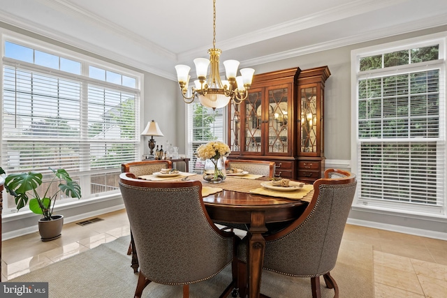 10000 Umbrella Pl, Nokesville, VA 20181 - dining room with a chandelier, crown molding, healthy amount of natural light, light tile patterned flooring, and baseboards