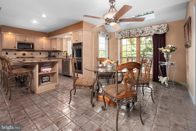1224 Highland Dr, Orefield, PA 18069 - dining area featuring healthy amount of natural light, ceiling fan, recessed lighting, a skylight, and baseboards