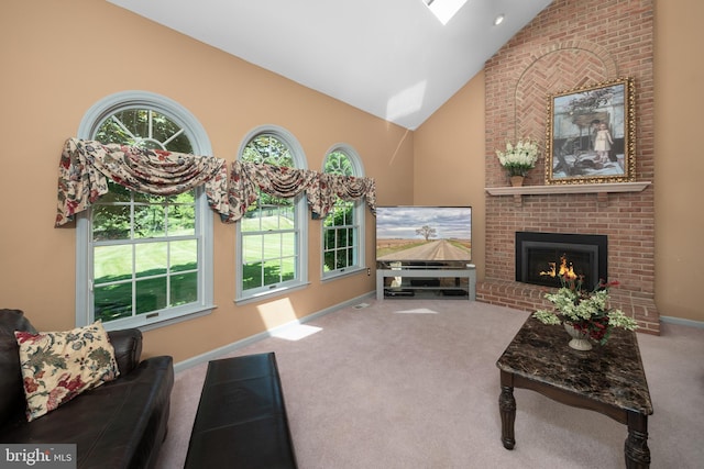 1224 Highland Dr, Orefield, PA 18069 - carpeted living room with high vaulted ceiling, a fireplace, baseboards, and a skylight