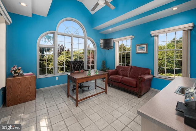 1224 Highland Dr, Orefield, PA 18069 - home office with baseboards, a ceiling fan, light tile patterned flooring, and recessed lighting