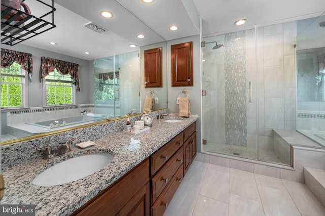 1224 Highland Dr, Orefield, PA 18069 - full bathroom featuring a bath, a shower stall, double vanity, recessed lighting, and tile patterned floors