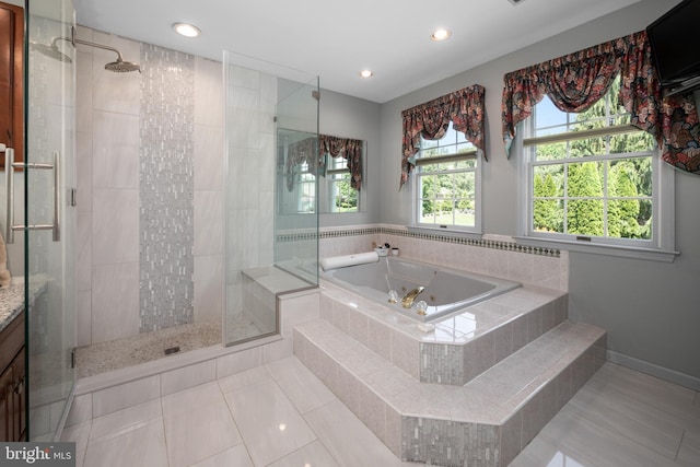 1224 Highland Dr, Orefield, PA 18069 - bathroom with a stall shower, a tub with jets, tile patterned flooring, recessed lighting, and vanity