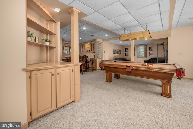 1224 Highland Dr, Orefield, PA 18069 - game room featuring pool table, light colored carpet, a dry bar, and a paneled ceiling