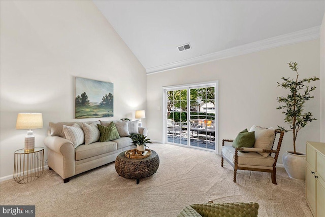 44324 Stableford Sq, Ashburn, VA 20147 - living area featuring light carpet, ornamental molding, baseboards, and high vaulted ceiling