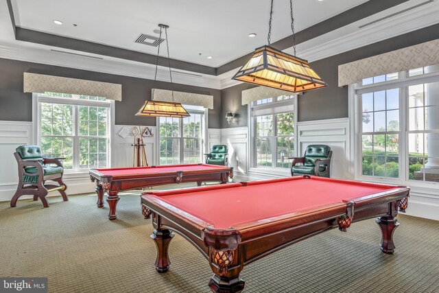 44324 Stableford Sq, Ashburn, VA 20147 - game room with carpet flooring, a decorative wall, pool table, wainscoting, and healthy amount of natural light