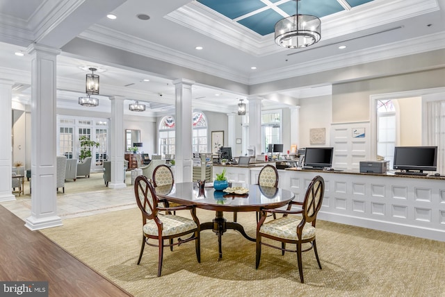 44324 Stableford Sq, Ashburn, VA 20147 - dining space featuring ornate columns, crown molding, a desk, plenty of natural light, and recessed lighting