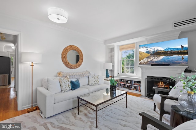 3 Russell Rd Unit 3B, Alexandria, VA 22301 - living area with wood finished floors, ornamental molding, and a fireplace with flush hearth