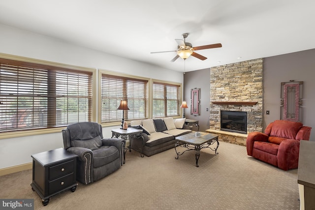 6133 Jennifer Ln, Spring Grove, PA 17362 - living room featuring a ceiling fan, carpet flooring, and a fireplace