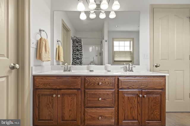 6133 Jennifer Ln, Spring Grove, PA 17362 - full bathroom with double vanity, a shower with curtain, and a chandelier