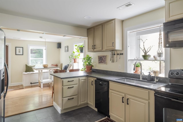 304 NW 11th St, Charlottesville, VA 22903 - kitchen featuring black appliances, a sink, cream cabinets, and dark tile patterned flooring