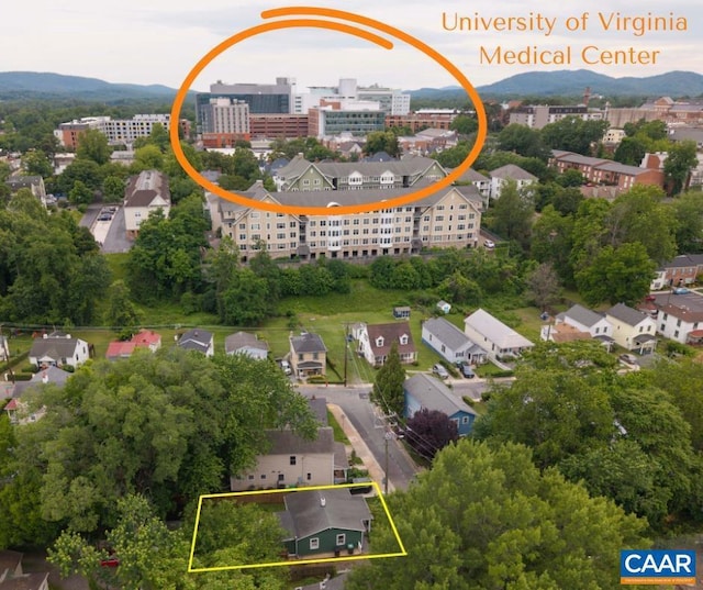 304 NW 11th St, Charlottesville, VA 22903 - aerial overview of property's location with property parcel outlined and mountains