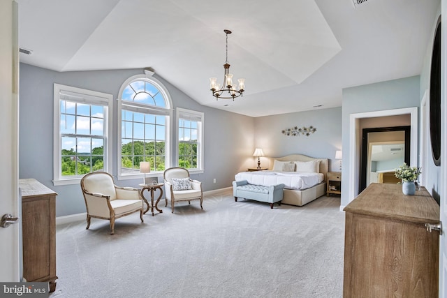 18604 Wild Raspberry Dr, Purcellville, VA 20132 - carpeted bedroom with lofted ceiling, baseboards, and a chandelier
