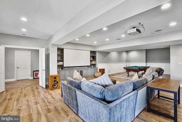 18604 Wild Raspberry Dr, Purcellville, VA 20132 - living room featuring a wainscoted wall, light wood finished floors, billiards table, and recessed lighting