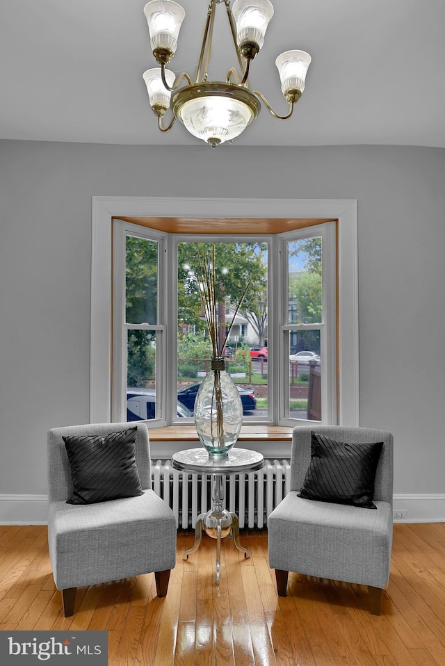 4316 9th St NW, Washington, DC 20011 - living area featuring radiator, a chandelier, and wood-type flooring