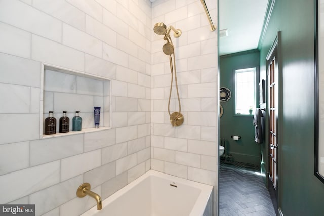1901 Wyoming Ave NW Unit 40, Washington, DC 20009 - bathroom featuring toilet, shower / bathtub combination, and crown molding