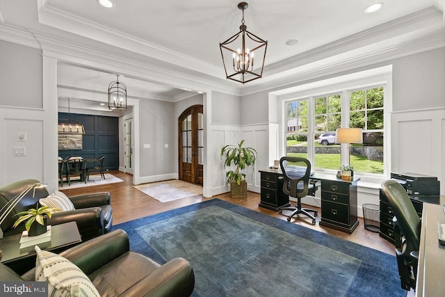 1601 E Ave, Mclean, VA 22101 - office area featuring a chandelier, a decorative wall, wood finished floors, ornamental molding, and a tray ceiling