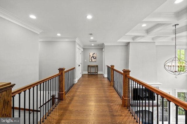 1601 E Ave, Mclean, VA 22101 - hallway featuring recessed lighting, a chandelier, wood finished floors, an upstairs landing, and ornamental molding