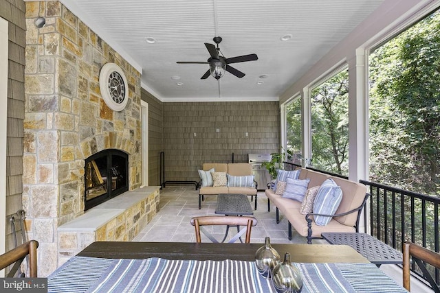 1601 E Ave, Mclean, VA 22101 - sunroom featuring ceiling fan and an outdoor living space with a fireplace