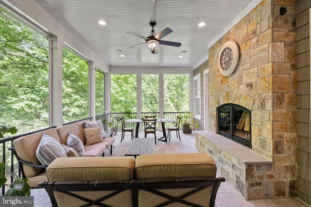 1601 E Ave, Mclean, VA 22101 - sunroom with an outdoor living space with a fireplace and a ceiling fan