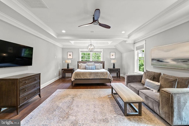 1601 E Ave, Mclean, VA 22101 - bedroom featuring wood finished floors, baseboards, recessed lighting, a tray ceiling, and ornamental molding