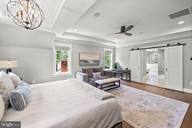 1601 E Ave, Mclean, VA 22101 - bedroom with a barn door, wood finished floors, a chandelier, crown molding, and recessed lighting