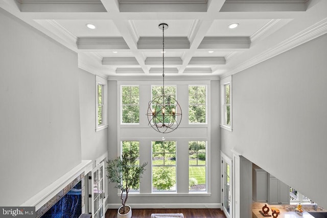 1601 E Ave, Mclean, VA 22101 - living room with a chandelier, coffered ceiling, recessed lighting, beam ceiling, and a towering ceiling