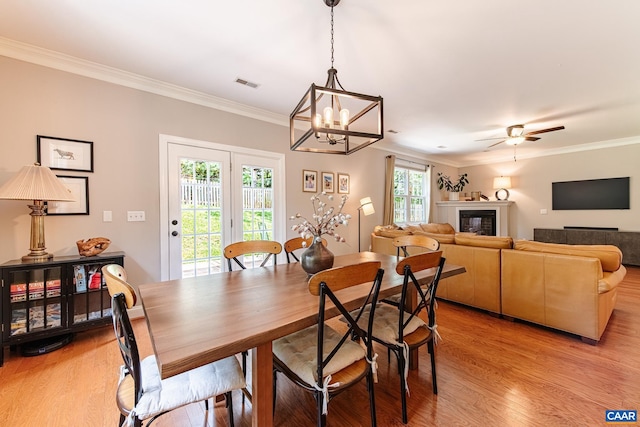 5301 Little Fox Ln, Charlottesville, VA 22903 - dining space featuring light wood-type flooring, a glass covered fireplace, ornamental molding, a chandelier, and a ceiling fan