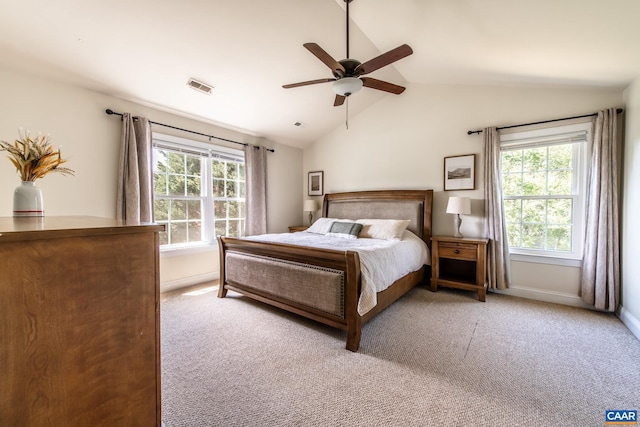 5301 Little Fox Ln, Charlottesville, VA 22903 - carpeted bedroom featuring multiple windows, vaulted ceiling, baseboards, and ceiling fan