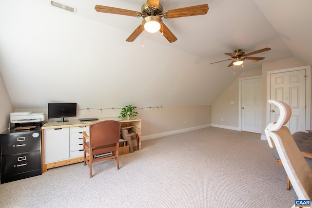 5301 Little Fox Ln, Charlottesville, VA 22903 - office area featuring ceiling fan, lofted ceiling, light colored carpet, and baseboards