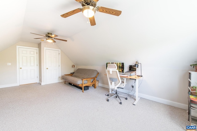 5301 Little Fox Ln, Charlottesville, VA 22903 - office area featuring ceiling fan, carpet, vaulted ceiling, and baseboards