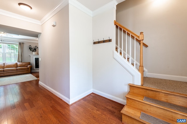5301 Little Fox Ln, Charlottesville, VA 22903 - staircase featuring crown molding, wood finished floors, baseboards, and a glass covered fireplace