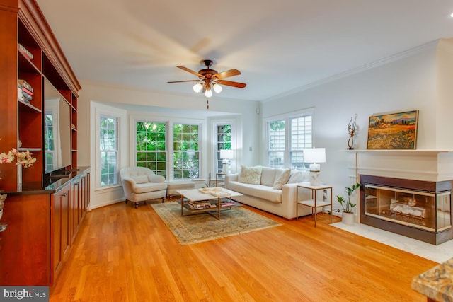 1201 Dartmouth Rd, Alexandria, VA 22314 - living area featuring a ceiling fan, light wood-style flooring, ornamental molding, and a fireplace with flush hearth