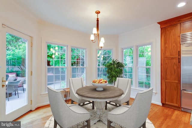1201 Dartmouth Rd, Alexandria, VA 22314 - dining room with light wood finished floors, crown molding, a chandelier, and recessed lighting