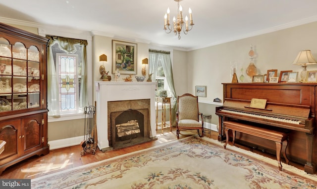 2538 Church Ln, Doylestown, PA 18902 - living area featuring baseboards, wood finished floors, a chandelier, a fireplace, and ornamental molding
