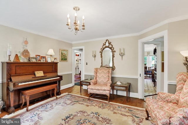 2538 Church Ln, Doylestown, PA 18902 - living area with ornamental molding, a chandelier, wood finished floors, and baseboards