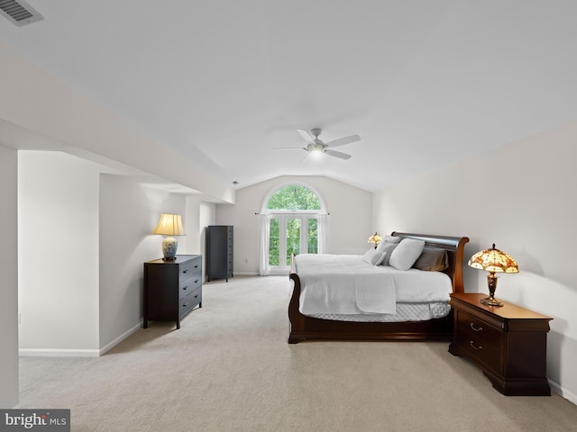2200 Traies Ct, Alexandria, VA 22306 - bedroom featuring lofted ceiling, light carpet, baseboards, and ceiling fan