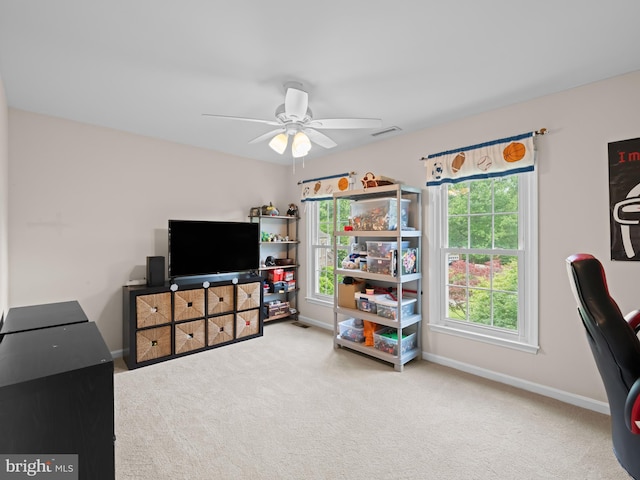 2200 Traies Ct, Alexandria, VA 22306 - rec room with carpet flooring, baseboards, and a ceiling fan