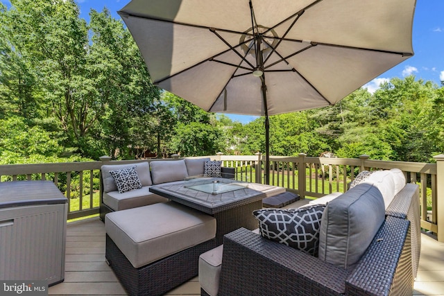 2200 Traies Ct, Alexandria, VA 22306 - wooden terrace featuring an outdoor hangout area and view of scattered trees