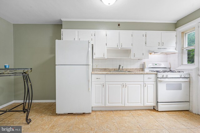 5649 Kavon Ave, Baltimore, MD 21206 - kitchen with white appliances, under cabinet range hood, a sink, white cabinets, and backsplash