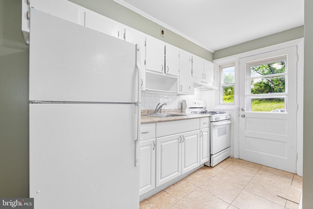 5649 Kavon Ave, Baltimore, MD 21206 - kitchen featuring white appliances, a sink, light countertops, white cabinetry, and under cabinet range hood