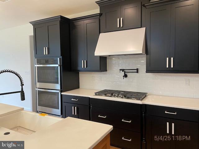 31123 Surfbird Way, Millsboro, DE 19966 - kitchen with range hood, appliances with stainless steel finishes, dark cabinets, and backsplash